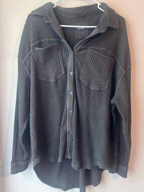Gray Aerie Oversized Waffle Knit Button-Up